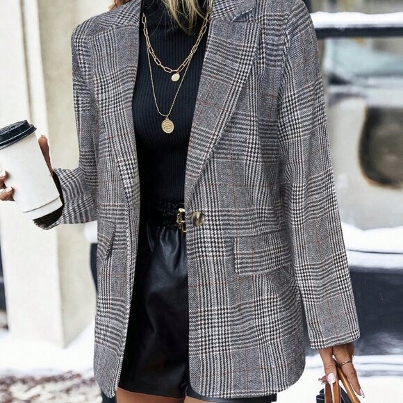 Chocolate Brown Casual Women's Plaid Print Elegant Long Sleeve Blazer - Picture 3 of 4